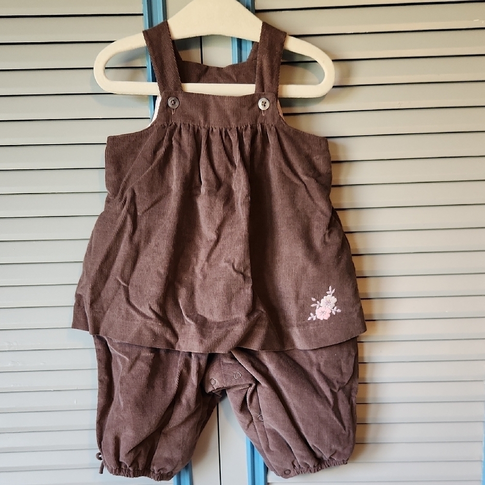 Jacadi Paris Dark Brown Jumpsuit with Pink Floral Embroidery